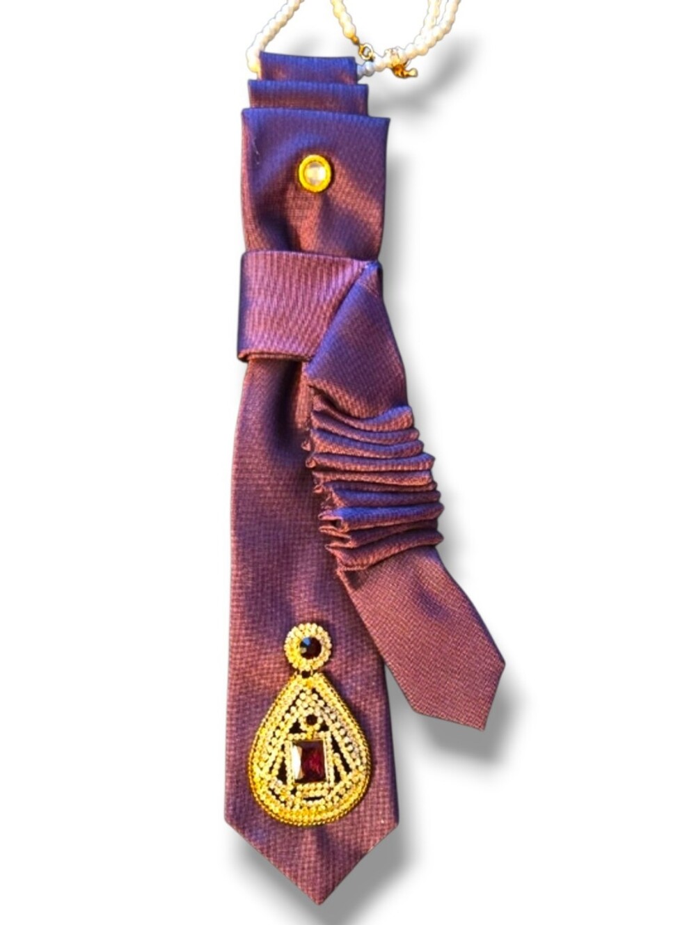 3/$60 Purple Satin Cravat Necklace with Gold-tone and Gem Accent